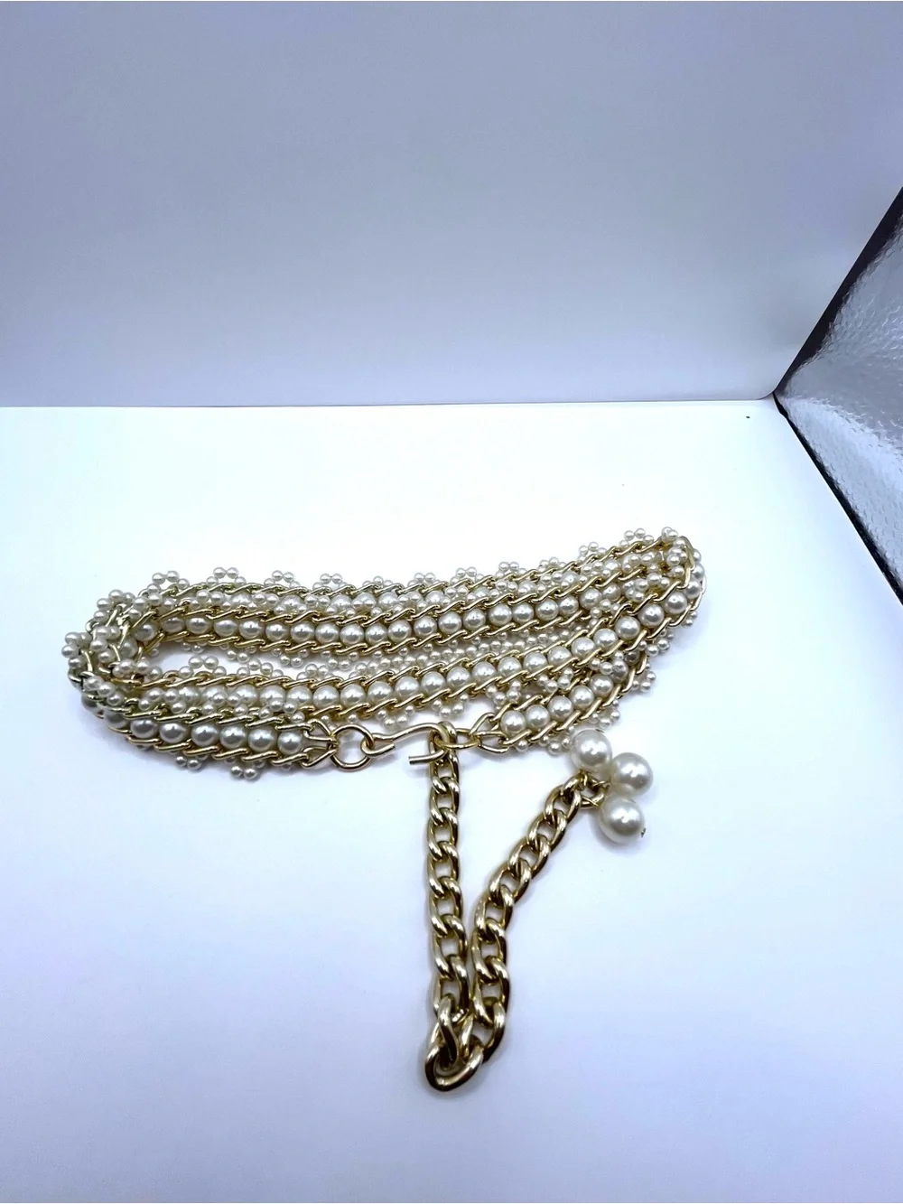 Gold Chain Link Belt with Pearl Accents Hong Kong Vintage